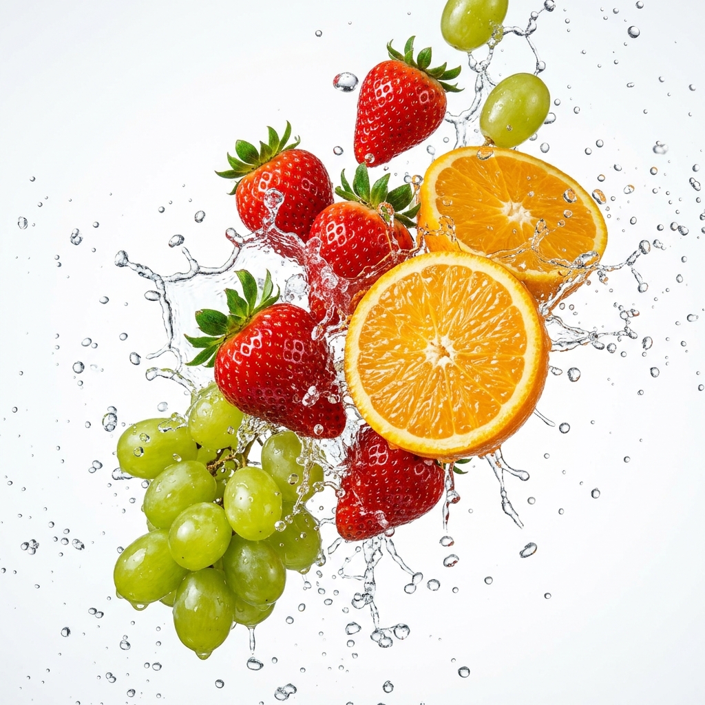 Mouth-watering fresh fruits splashing